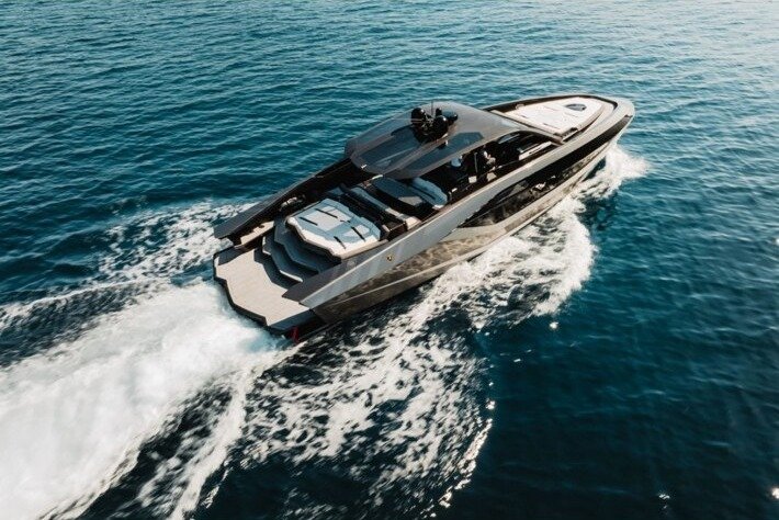 Tecnomar for Lamborghini 63 yacht for sale, aerial view at speed